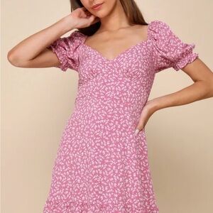 Lulu's Blush Floral Mini Dress with Puff Sleeves